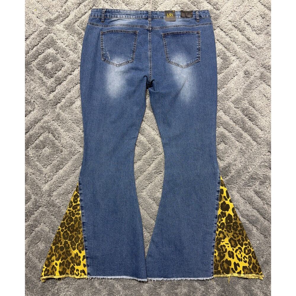 Lucky & Blessed Size 22 NEW HR Super Flare Belled Jeans Leopard Insert Stretch - Picture 2 of 9
